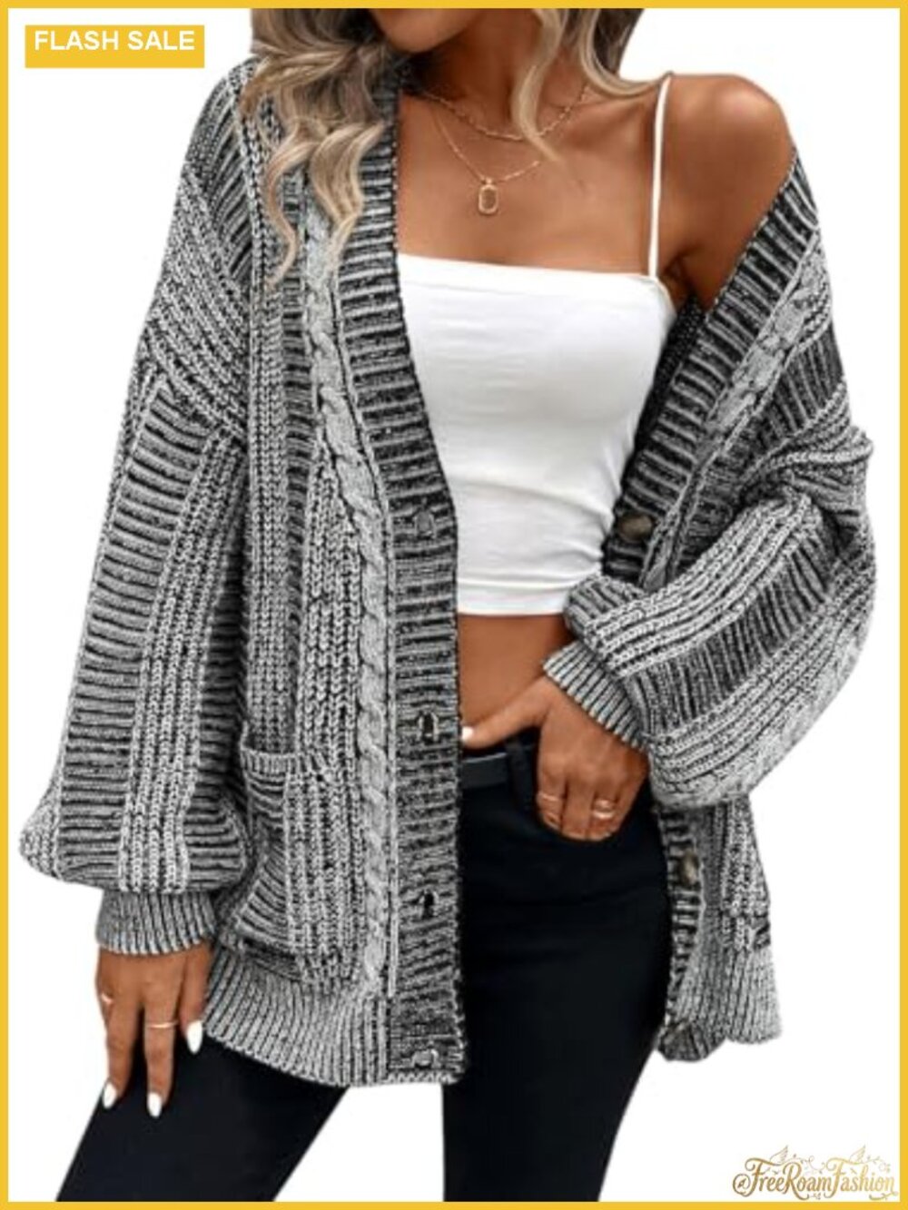 Pink Queen Women's Oversized Cardigan Sweater Open Front Cable Knit Coat